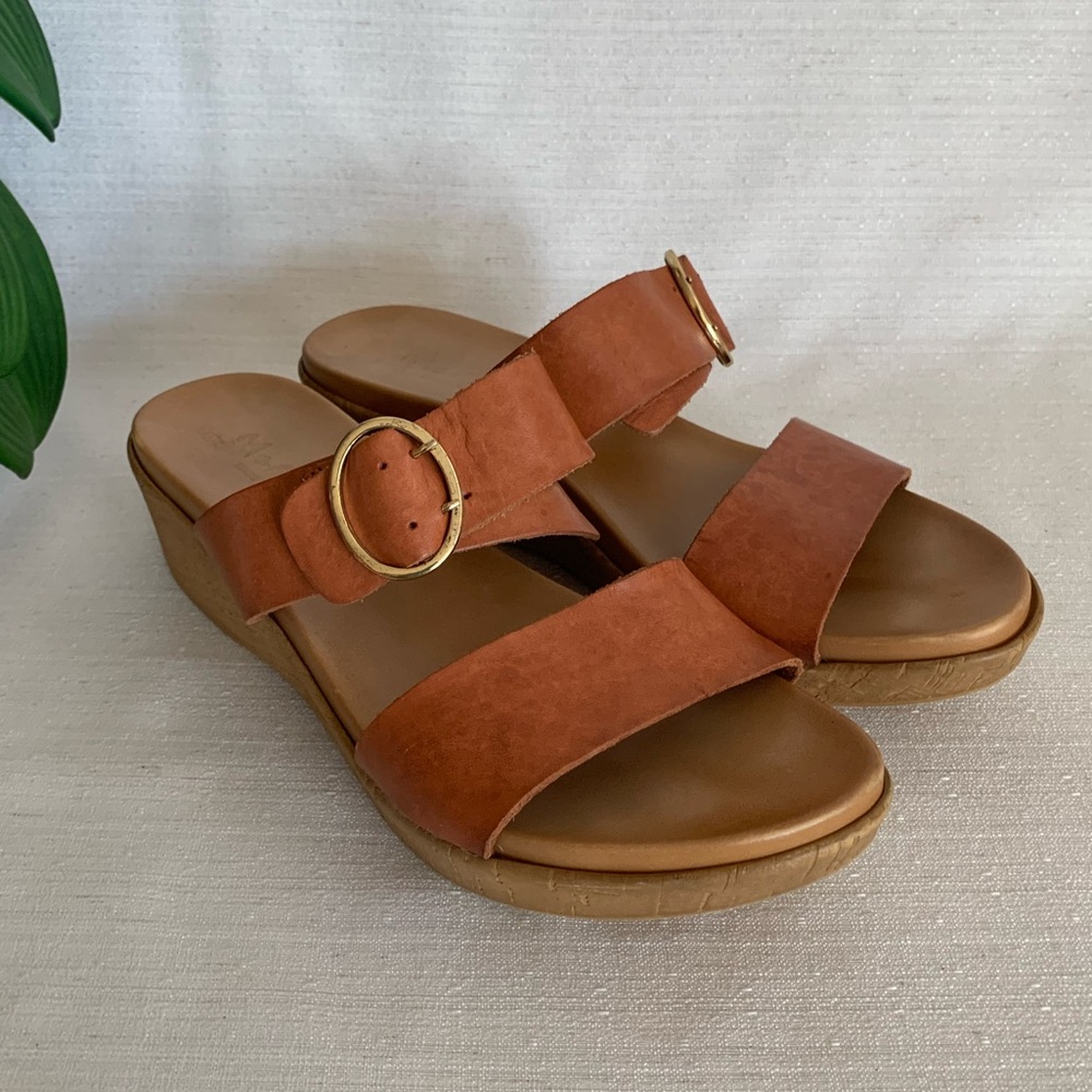 Mariella Tan Leather Strappy Slide On Wedged Sandals Woman’s 9M